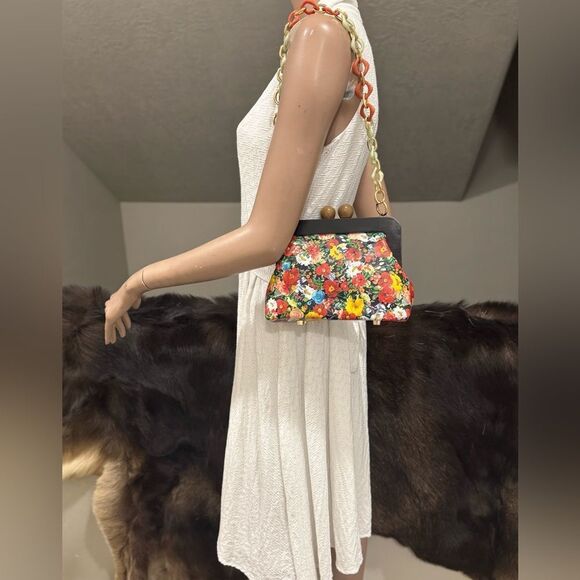 Floral Print Cowhide Leather Handmade Wooden Frame Clutch Bag/Crossbody - Picture 3 of 13